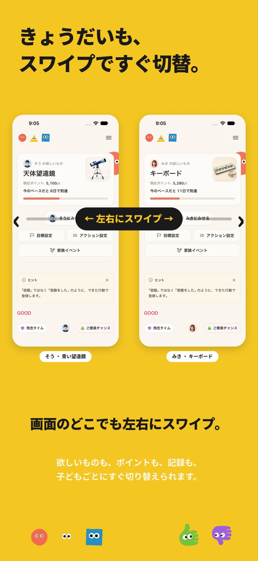兄弟姉妹をスワイプで切り替える画面
