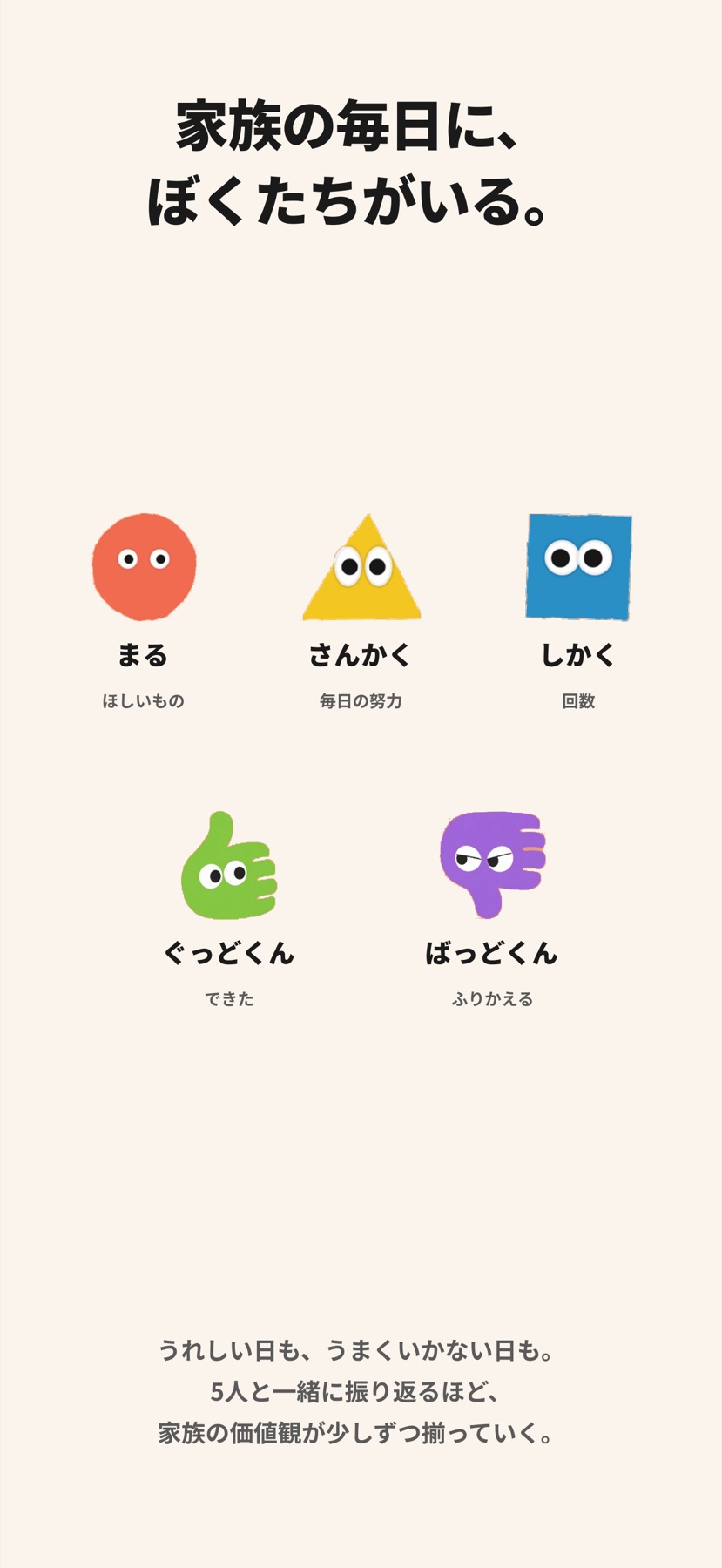 まる、さんかく、しかく、ぐっどくん、ばっどくん